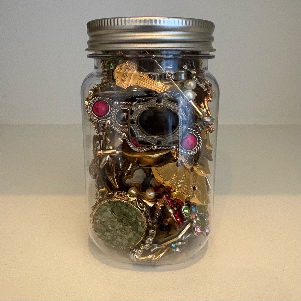 Mystery Vintage and Modern Brooch Pin Collection in Plastic Mason Jar